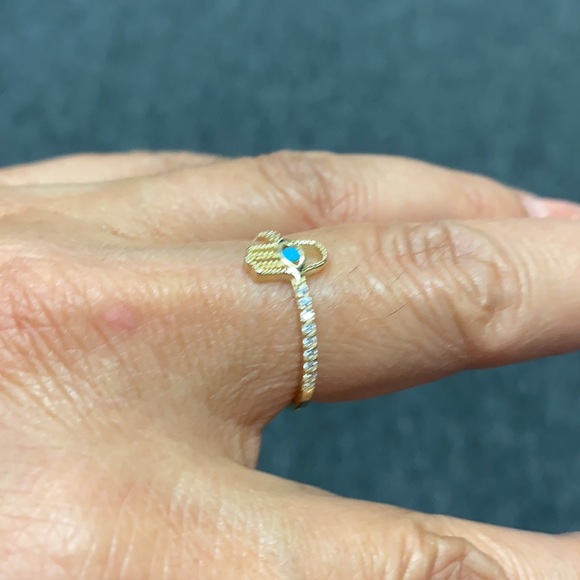 New 14K Yellow Gold Blue CZ Hamsa Ring Band - Picture 5 of 10